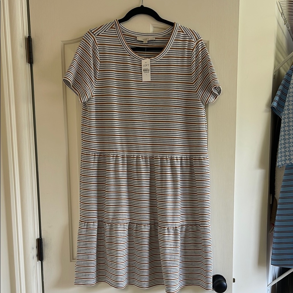 NWT Loft Black and Brown Striped Tiered Dress